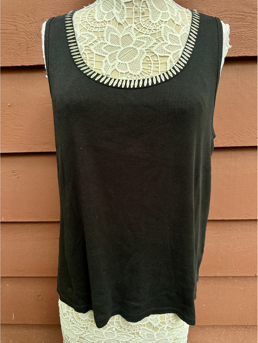 Talbots Black Ribbed Cotton Tank Top with Silver Beaded Scoop Neckline